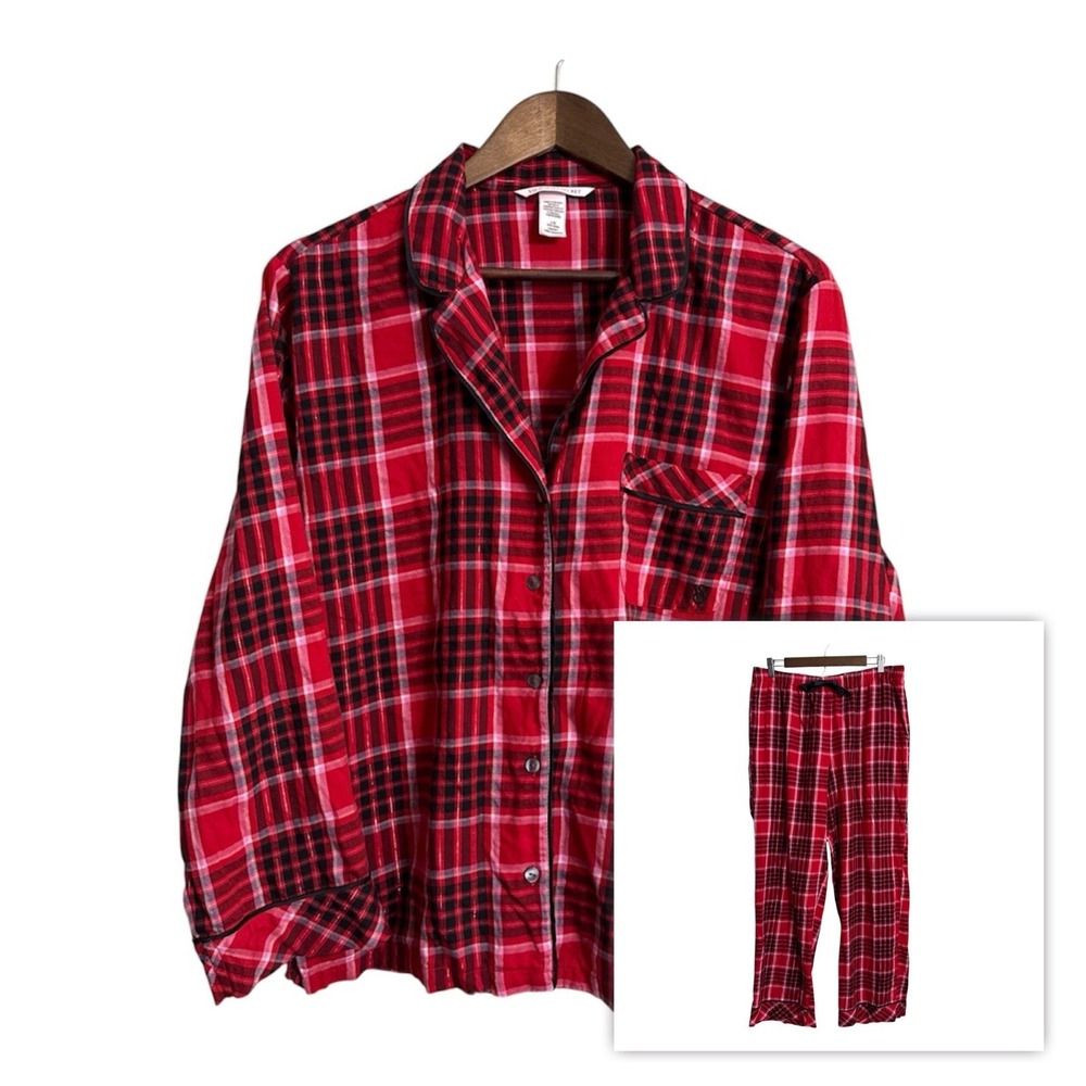 Victorias Secret pajama‎ pj set women's large red pink plaid holiday festive